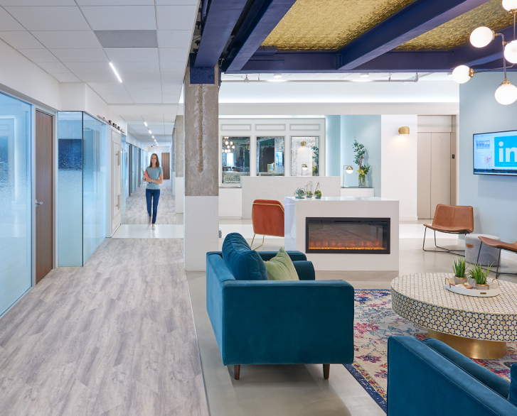 geo banner - Metro Offices Office space with blue couches available for rent.