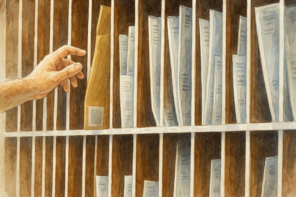 A hand reaches to pull a brown folder from a shelf filled with organized documents and files, highlighting the essential features of an efficient virtual office space.