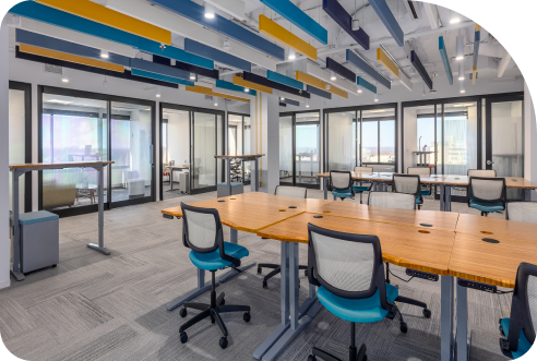 flexible coworking space img - Metro Offices Colorful open office space available for rent.