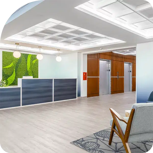 Virtual Services Image 2024 - Metro Offices A virtual office space featuring a green-wall lobby.