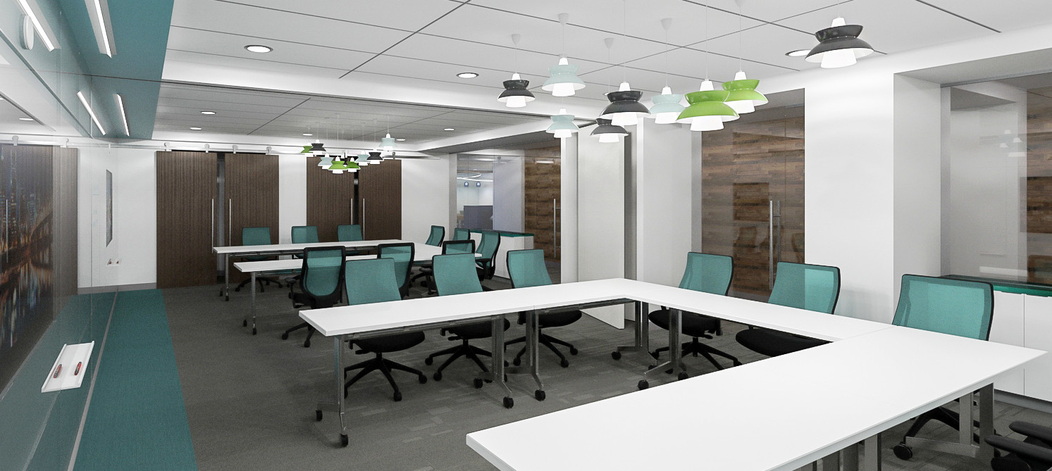 ?seraph accel gi=wp content%2Fuploads%2F2024%2F07%2F009 MC - Metro Offices A modern conference room with U-shaped tables, green and black chairs, white walls, colorful hanging lights, and glass partitions.
