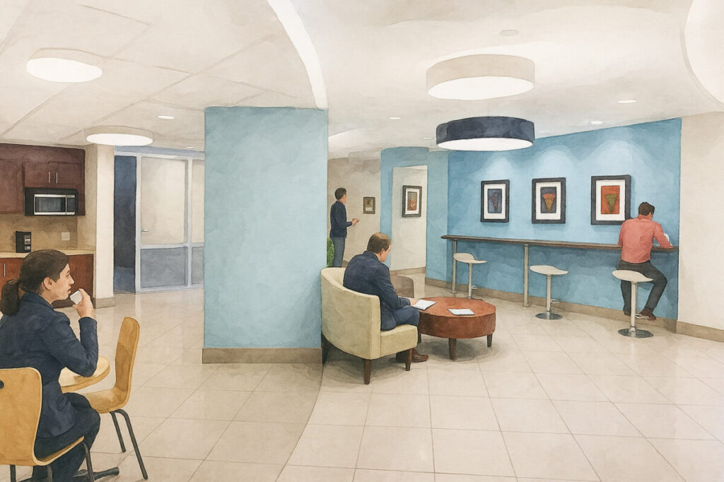 workspace flexibility - Metro Offices People sit and work in a modern office lounge featuring blue accent walls, artwork, bar seating, and a small round table—essential features you’d expect from a top virtual office provider.