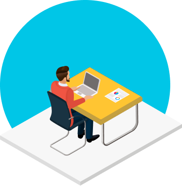Day Pass - Metro Offices Illustration of a person sitting at a desk working on a laptop, with a paper displaying charts placed on the table, and a blue semi-circle background.