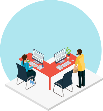 Office Suite - Metro Offices Two people work at computers across from each other at a red desk in this modern workspace and office solutions setting; one is seated and typing, while the other stands wearing a headset—typical of Metro Offices environments.