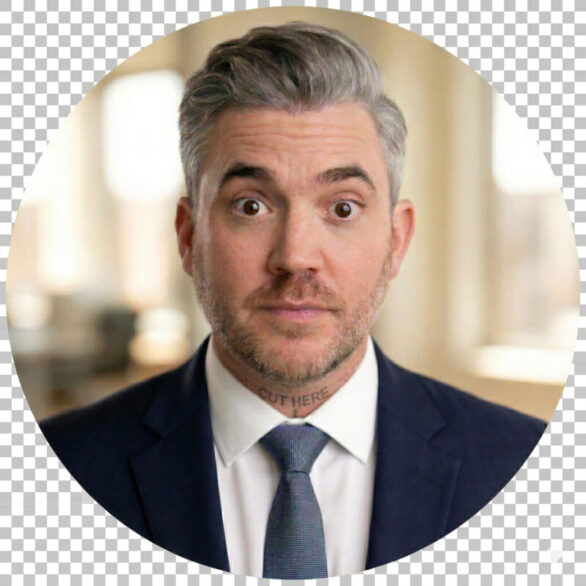 Gemini Generated Image bie5qwbie5qwbie5 e1774188263611 - Metro Offices A man with gray hair and a short beard wearing a suit and tie stands in front of a blurred indoor background. The words "CUT HERE" are tattooed on his neck.