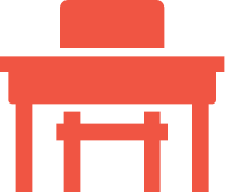 A red school desk icon on a black background representing a virtual office space.