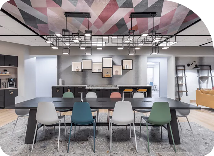 A meeting room with colorful ceiling.